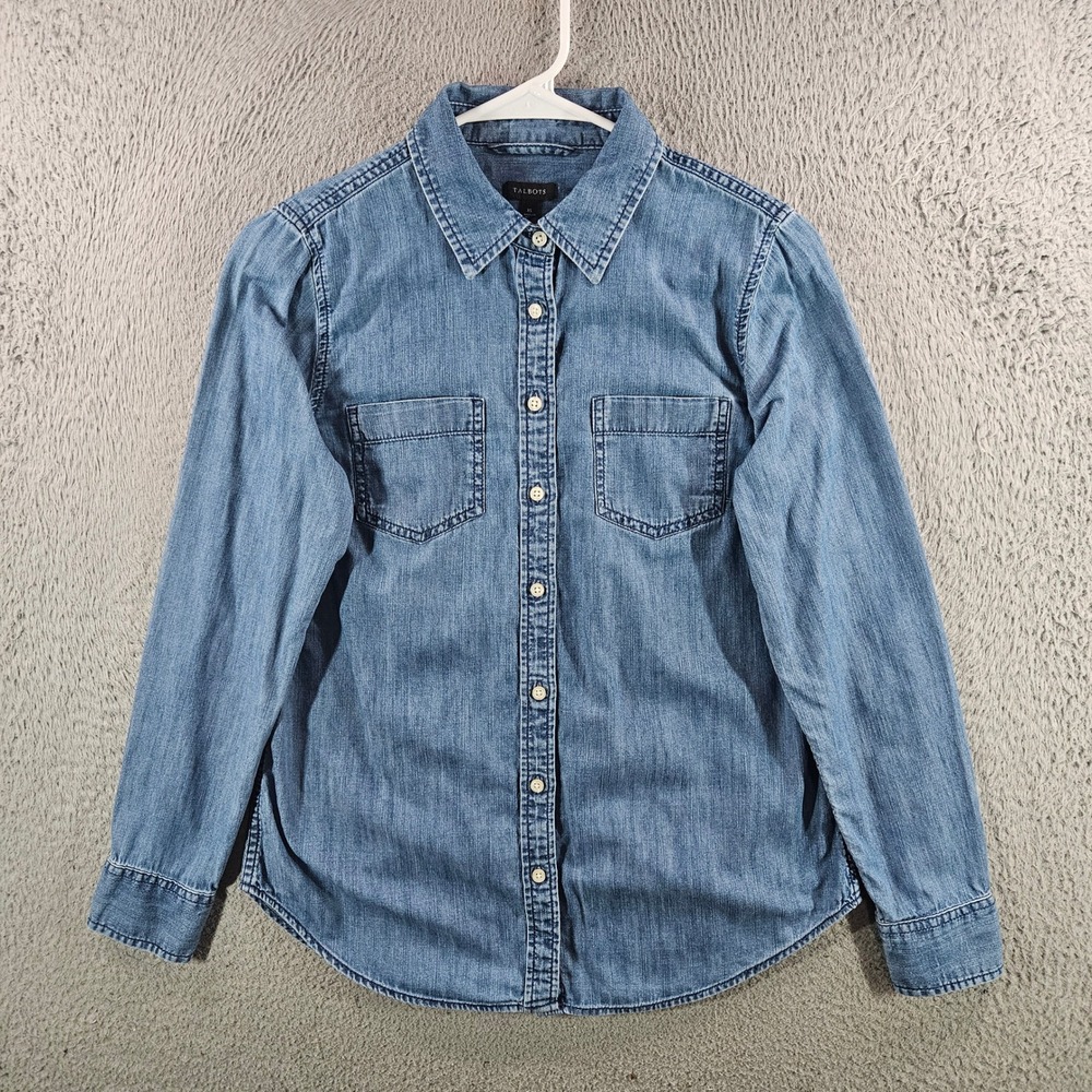Talbots Womens Denim Shirt XS Blue Cotton Chambray Button Down Puff Sleeve